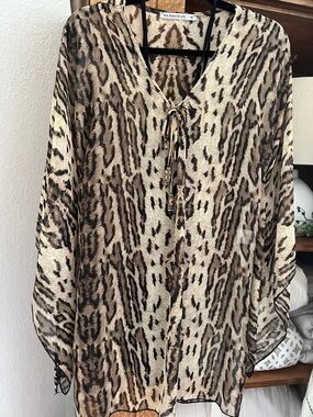 Mesmerize Beige Animal-Print Tie-Neck Tunic Top